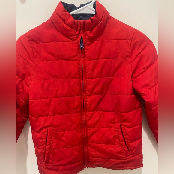 Gap, Red/Blue Camo Reversible Puffer Coat W/ High Neck & Pockets Size 5/6 - Picture 5 of 7
